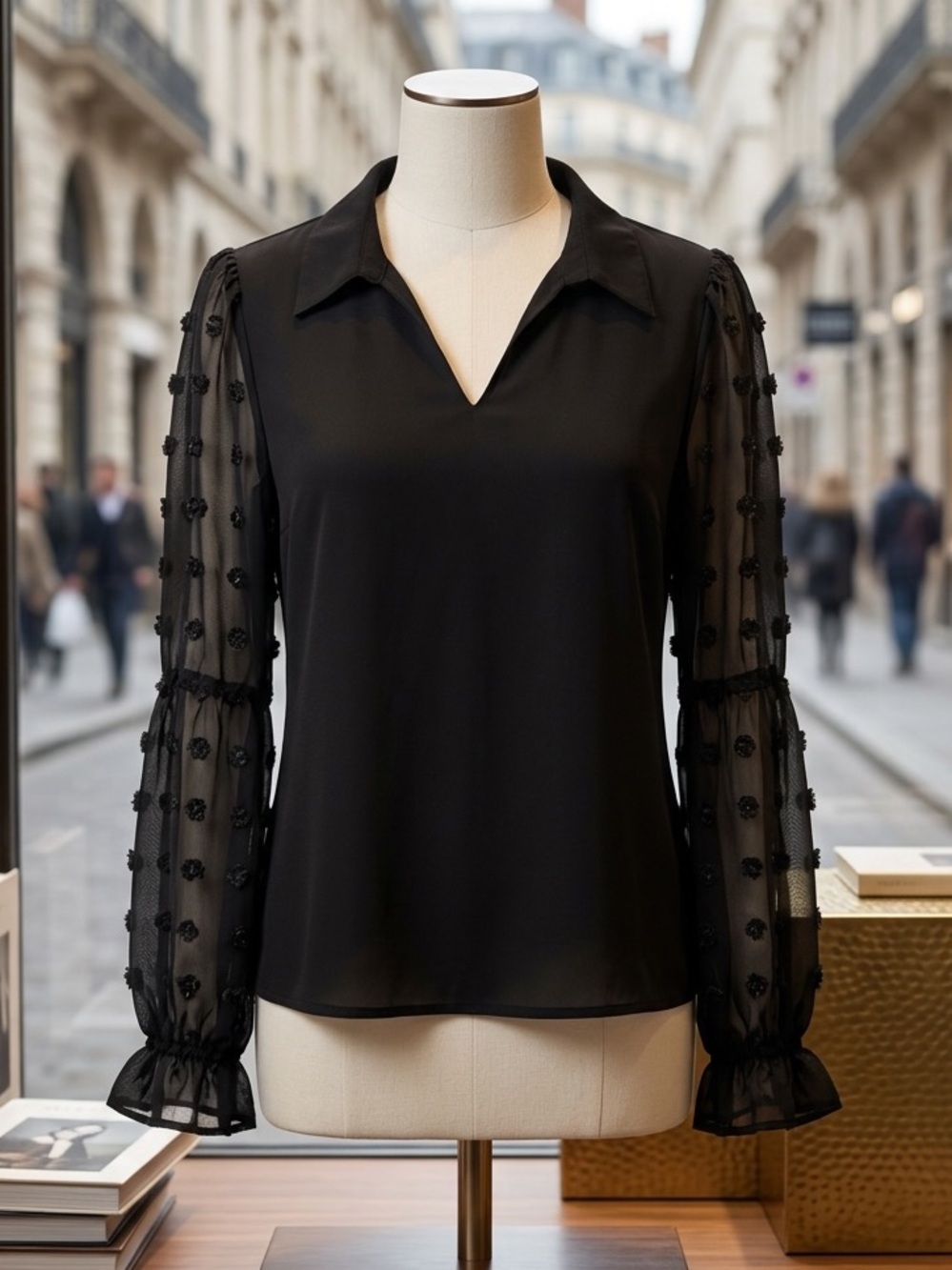 Black V-Neck Blouse with Sheer Embellished Sleeves